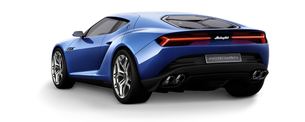 Three-quarter view from the back of a blue Lamborghini Asterion parked before a skyscraper-lined beach.