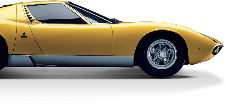 Profile of a vintage yellow Lamborghini against a white background.